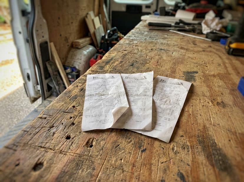 Billede af 3 kvitteringer på arbejdsbænken i varevognen